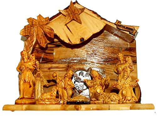 Holy Land Market Krippe aus Olivenholz mit rustikalem Stall-Belldach, geklebte Alabasterstücke (20,3 cm breit, 19,1 cm hoch)