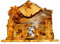 Holy Land Market Krippe aus Olivenholz mit rustikalem Stall-Belldach, geklebte Alabasterstücke (20,3 cm breit, 19,1 cm hoch)