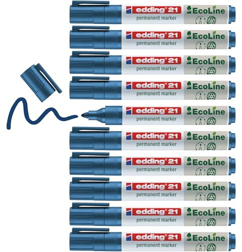 edding 21 Ecoline permanent marker - blue - box of 10 - round tip 1.5-3 mm - waterproof, quick-drying, smear-proof pens - for cardboard, plastic, glass, wood, metal and fabric - refillable