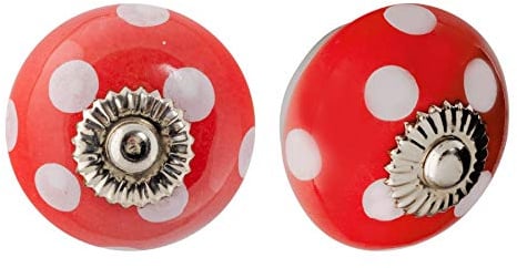 Nicola Spring Ceramic Cupboard Drawer Handle Knobs - Polka Dot Design - Red/White - Pack of 24