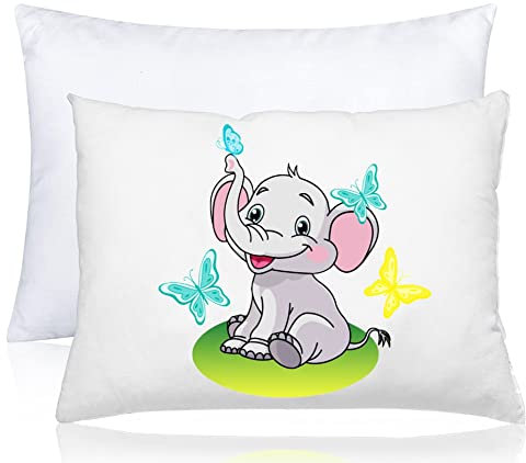 kinder Fluff Kissen für Kinder Bett mit Kissenbezug - Nackenkissen mit 230T Baumwolle & Daunen Alternative Füllung- Hypoallergen bettwäsche- Baby Pillows for Sleeping fur babybett -Elefanten-Design