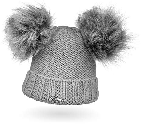 Neverless® gefütterte Damen Strickmütze mit Doppel-Fell-Bommel und Fleece Futter, Winter-Mütze, Bommelmütze hellgrau