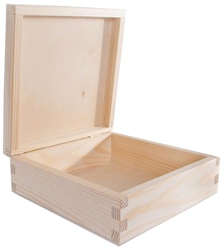 WooDeeDoo Square Wooden Storage Box with Hinged Lid – 16 x 16 x 6 cm – Unfinished Pine Craft Chest for Trinkets Jewellery Letters Keepsakes Gift Decoration DIY Decoupage