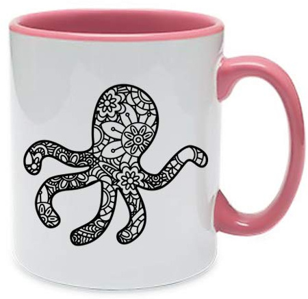 Mandala Zentangle Octopus Art Themed 11 oz Pink Inside Coloured & Pink Handle Ceramic Mug