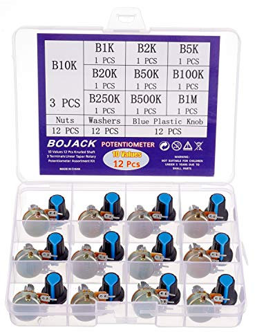 BOJACK 10 Werte 12 Stück B1K-B1M Rändelwelle 3 Klemmen Linearkegel Drehpotentiometer (WH148) Single Turn Aktivkohlefilm Variable Widerstände Sortiment Kit