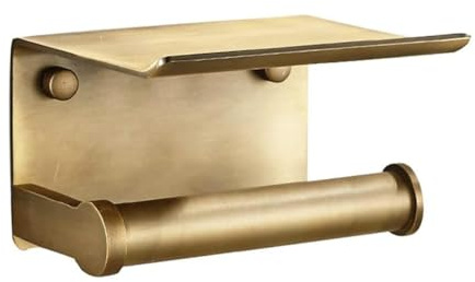 Estrend Antique Brass Toilet Paper Holder with Shlf Space Aluminum Wall Mount Brushed Gold Toilet Tissue Holder with Cell Phone Storage, Antique Bronze Color
