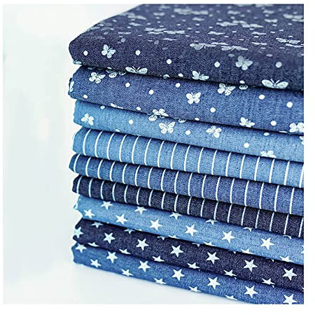MaJu Denim Baumwollstoff Schmetterling Streifen Sterne Bedruckter, Weich Gewaschener, Dünner Stoff Jeans Stoffe Quilten Nähmaterial(Breite 150 cm)(Size:Sterne,Color:Hellblau)