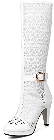 Smilice Stivali estivi da donna al ginocchio con pizzo rotondo e tacco a blocco, bianco, 37 EU