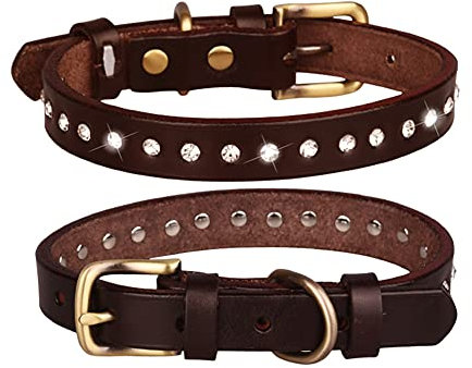FUNAT Rindsleder Hundehalsband Vintage mit Oberschicht und Strass, Leder Hundehalsband