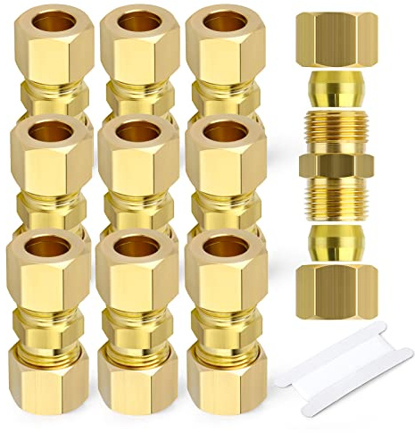 GASHER 10PCS Brass Compression Tube Pipe Fitting Connector, 1/4 Tube OD x 1/4 Tube OD Connector