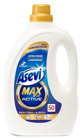 Asevi Detergente Líquido para Lavadora Max Active - Detergente Hipoalergénico Concentrado Ropa Blanca y de Color - Poder Quitamanchas y Extra Luminosidad para una Ropa Limpia y Cuidada - 50 Lavados