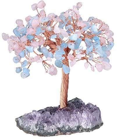 Nupuyai Aigue-Marine & Quartz Rose Arbre de Vie en Pierre sur Base de Géode Naturelle, Feng Shui Arbre de Cristal Fait à la Main pour Décoration Intérieure et Reiki Chakra