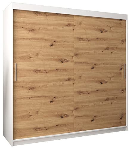 MEBLE KRYSPOL Tokyo 200 Kleiderschrank mit Zwei Schiebetüren für Schlafzimmer – moderner Aufbewahrungsschrank mit Kleiderstange und Regalen – 200x200x62cm - Mattweiß + Artisan