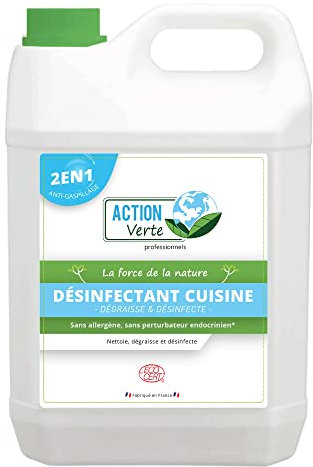 ACTION VERTE - Désinfectant cuisine - Nettoie, dégraisse et désinfecte - Label Ecocert - Formule naturelle - Contact alimentaire - 5L - Fabrication française