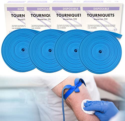 Torniquete Med - Desechable, sin látex, TPE, 18 pulgadas de largo, 4 rollos de 100 piezas, azul