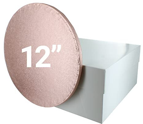 Culpitt 12 Rose Gold Cake Board & White Cake Box Combo, Round Drum With Matching Box, 0.5'' (13mm) Thick, Square Transport, 12 Inch, Single Pack