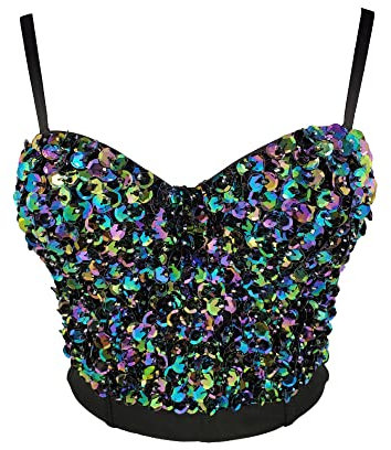 Hranoqm Crop-Top-Frauen-Korsetts Mit Eingebautem BH, Weibliche Bustiers – Bunte Pailletten, Glänzende Unterwäsche, Push-Up-Bralette, Tank-Dessous, Sexy Kurze Nachtclub-Party-Show-Kleidung, Mieder, 34