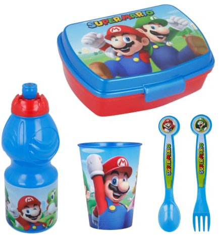 SUPER MARIO Lunchpaket, Essen Halter für Kinder für die Schule, Inklusive Sandwichbox, Besteck, Becher, Wiederverwendbare Flasche, Snackhalter für Kinder