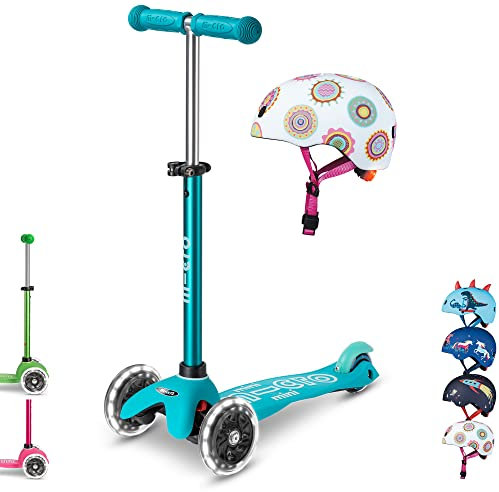 Mini micro™ Deluxe LED | Das ORIGINAL | Kinder Roller ab 2 Jahren | inkl. zertifiziertem Helm | Kinderroller von 2-5 Jahre | Kickboard Scooter | 2 3 4 5 Jahre (Roller: Aqua/Helm: Doodle Dot, S)