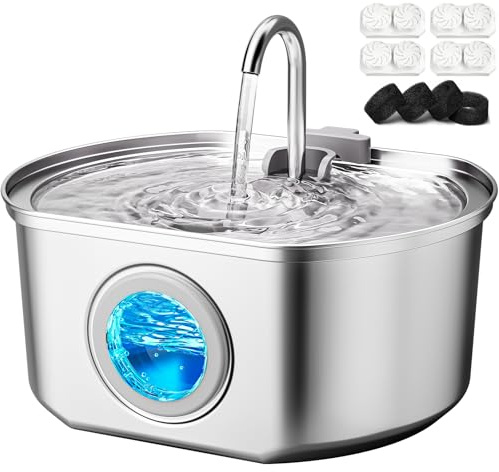Cat Water Fountain Stainless Steel: 109oz/3.2L Cat Fountain for Drinking - Pet Water Fountain Inside - Automatic Dog Watering Dispenser Bowl - Pet Feeding & Watering Supplies - Water Level Window