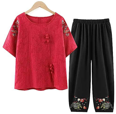 QPZK Femmes Tang Costume Hanfu Vêtements Traditionnels Chinois, Adultes Vieux Tai Chi Uniforme pour Femmes Arts Martiaux Kung Fu Vêtements Manteau à Manches Courtes et Pantalon Rouge-XXL