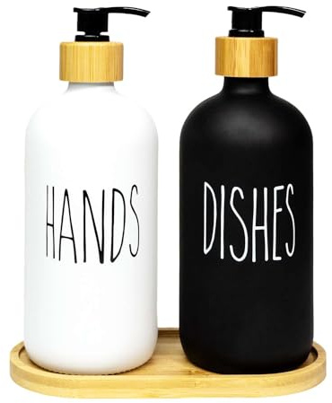 Intirilife 3-teiliges Seifenspender Set aus Glas in Schwarz - Weiß mit Bambus Tablett - 500 ml Füllmenge - 17.5 x 8.8 x 20.6 cm - 2 Spender für Seife und Spülmittel Handseifenspender für Küche Bad