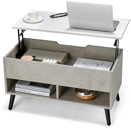 CASART Lift Top Coffee Table, Wooden Lifting Sofa Tea Table with Hidden Compartment & Open Shelves, Home Office Floating Retractable Snack Coffee Tables for Living Room Bedroom Study (Grey)