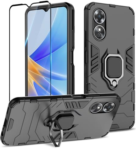 Btstring Case for Oppo A17 4G and Screen Protector Tempered Glass, Heavy Duty Shockproof Case with Stand Protective Tough Armour Personalised Phone Cover Case - Black