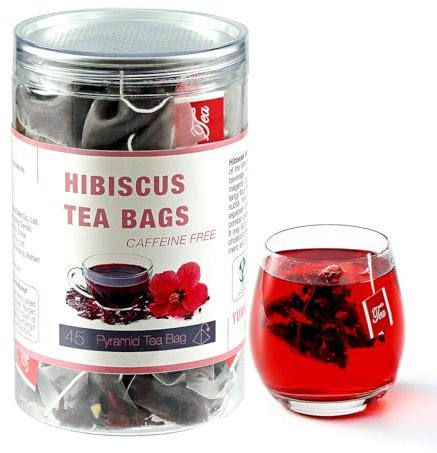 45 Hibiscus Tea Bags - Dried Hibiscus Flower Tea - Natural Hibiscus Leaves - Edible Herbal Roselle Rosehip Tea - Caffeine-Free, Gluten-Free, Non-GMO