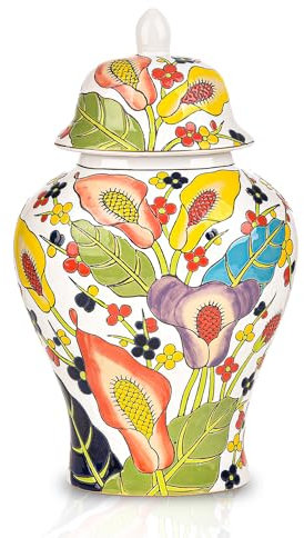 Sungmor Pot à gingembre décoratif en céramique avec couvercle, motif floral, pot de rangement en porcelaine, 35,6 cm, vase à fleurs en céramique peint à la main pour centre de table, vase émaillé