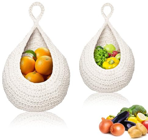 RongQiLBB 2 Stück Obstkorb Hängend Korb, Handgewebt Baumwollseil Aufbewahrung Wandkorb Pflanzen Dekorativer Körbe, Knoblauch Gemüse und Obst Korb Hängekorb, für Küche, Wohnzimmer, Garten, Beige