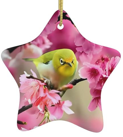 Vogel in Pfirsichbaum Druck Personalisierte Weihnachtskugel, Keramik Sternform Weihnachten Hängende Ornament, Weihnachtsbaumschmuck Für Freund Freundin Frau Xmas Geschenke