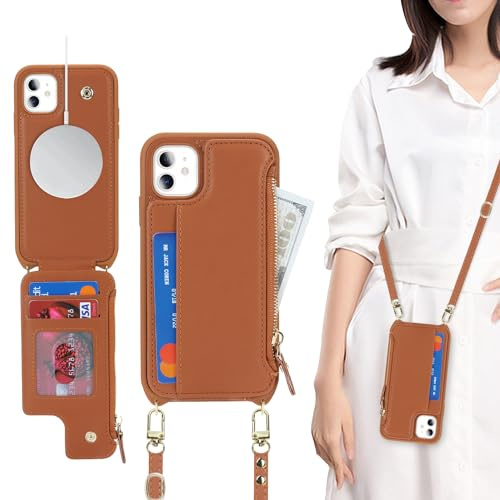 SailorTech for iPhone 11 Case with Credit Card Holder magsafe, iPhone 11 Phone Leather Case Wallet for Men Crossbody with mag safe Zipper Shockproof Case for Women - Brown