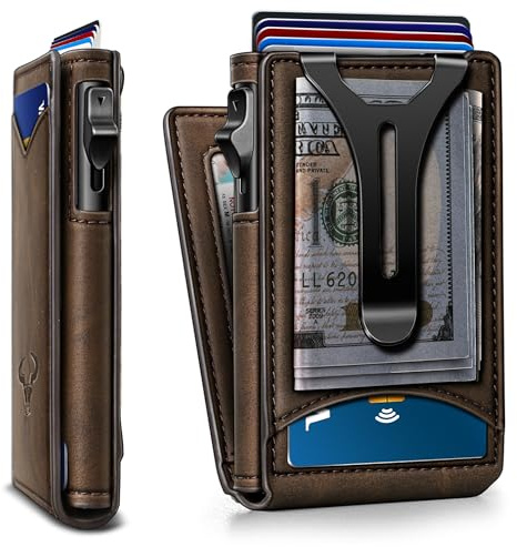 BULLIANT Men Slim Magnetic Leather Wallet Metal Case Money Clip 9 Cards