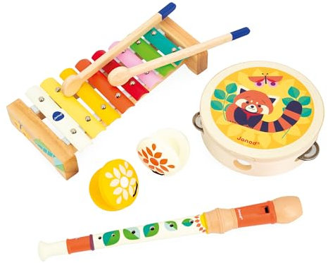 Janod - Gioia Musikset 4 Kinderinstrumente - Rollenspiel und Musikalische Früherziehung - Spiel aus FSC-Holz - Wasserfarbe - Ab 18 Monaten, J07656