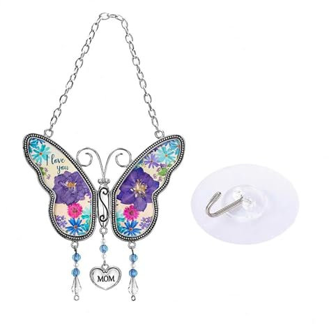 Acchiappasole a forma di farfalla con ALIs di fiori essiccati pressati, acchiappasole in vetro per la mamma, campana a vento in metallo da appendere, ciondolo ornamentale a forma di campana a vento in