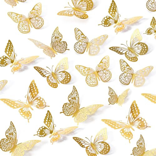48Pcs 3D Gold Schmetterlings Wandaufkleber, Schmetterlings Kuchen Geburtstagsdekoration Aufkleber in 3 Größen und 4 Mustern für DIY Party, Raumdekorationen, Kinderaufkleber, abnehmbare Wandaufkleber