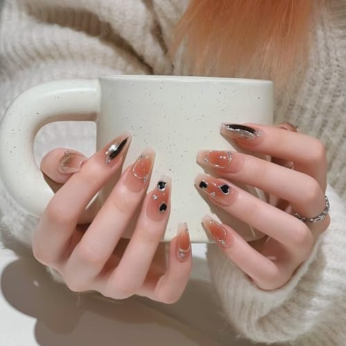 Pure Handmade Nails Press on Nail Reusable Fake Nails Golden&Brown Heart Nude Medium Stick on Nails French Tip False Nails 10pcs (S, Q266DT)