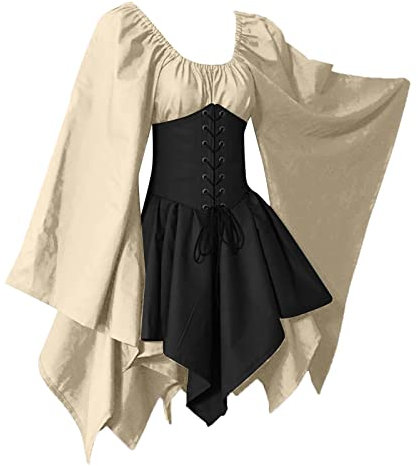 Renaissance Kostüm Frauen - Square Neck Retro Maxikleid Gothic Kleider mit Kapuze Damen Gothic Hexen Kleid Renaissance Halloween Party Kostüm Vintage Clothes für Cosplay