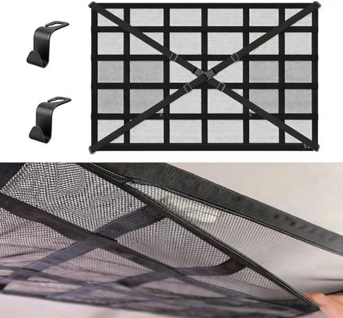 Autodach Gepäcknetz Decke, 90 × 65 cm Universal Aufbewahrungsnetz mit verstellbaren Gurten und 3 separaten Reißverschlusstaschen für Autos, Jeeps, Vans und SUVs mit Vier Dachreling
