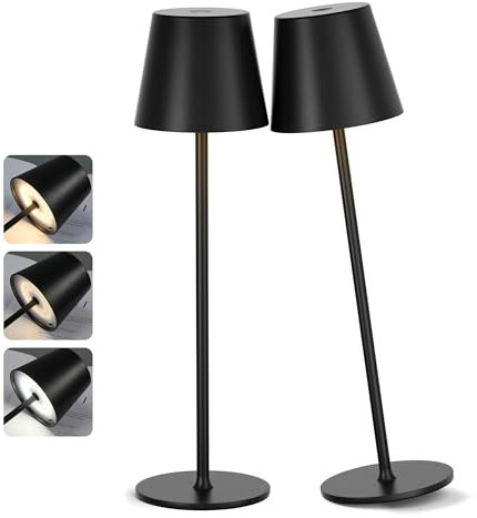 PreeOtti 2 Stück Tischlampe Kabellos, LED Tischleuchte mit 3 Farbtemperatur, Stufenlos Dimmbar, Wiederaufladbar Akku Touch Lampe mit USB-C Aufladbar für Outdoor Nachttisch Esstisch Camping(Schwarz)