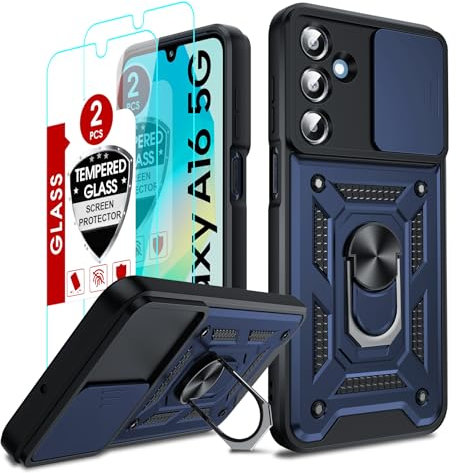 LeYi Coque pour Samsung Galaxy A16/A 16 5G/4G Antichoc avec 2*Verre Trempé+Full Protection Caméra Coulissante,Anneau Support, Étui de PC Dur et TPU Cover Silicone Militaire Anti-Rayures Housse,Bleu