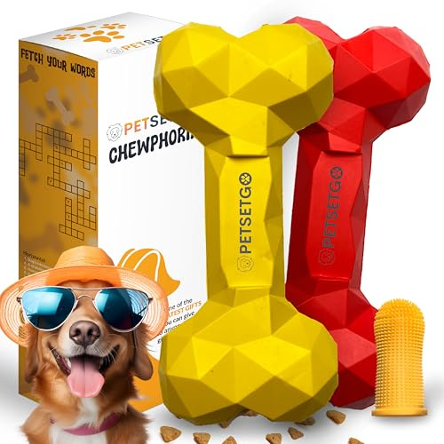 PetSetGo 2 PACK Indestructible Dog Chew Toy for Aggressive Chewers, Long Lasting Natural Tough Toy for Boredom, Dog Teething relief, Chew Toy for Small, Medium and Large Dogs (Red, Yellow)