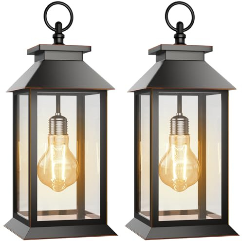 AYTPU 2 Pack Hanging Solar Lanterns Glass Solar Lights Outdoor Waterproof Upgraded Solar and AAA Battery Powered, for Outside Porch, Patio and Indoor Tables, Mantelpiece