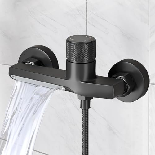 Miscelatore Termostatico per Vasca Doccia con Uscita a Cascata, Valvola Termostatica per Doccia con 2 Beccuccio, Rubinetto Termostatico con Pulsante di Sicurezza, per Temperature Calde e Fredde