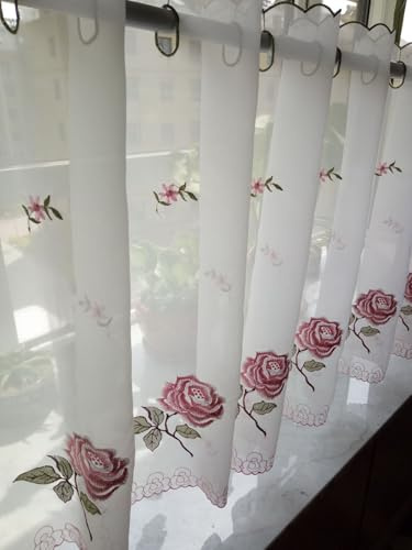 A.Monamour Tenda Corta per Finestra Piccola Casale Rustico Bianco Voile Rosa Fiori Ricamo Semi Trasparente Occhielli Top Cafe Tenda a Pannello a Vetro da Cucina Bistrot Caffè Mezza Mantovana Tendina