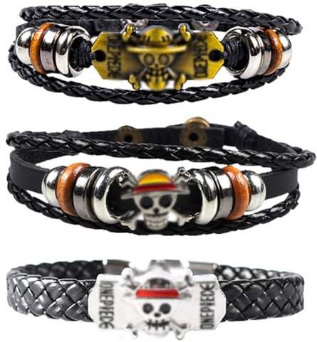HTGWCG Bracelet Vintage Anime 3pcs Bracelets en Cuir Tressé, Accessoires en Forme De Crâne Et en Cuir Tressé Joli Décoration pour Couple Applicables aux Accessoires de Cosplay Décoration de Poignet