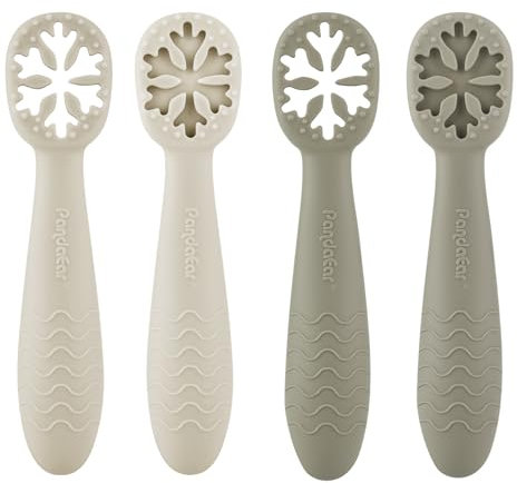 PandaEar 4er Set Lernlöffel für Baby, Starter Breilöffel Fütterlöffel Babylöffel Silikon Esslernlöffel Weich Flexibel Kinder Besteck BPA-frei für Säugling Kind Kleinkind ab 4 Monaten (Tan Walnuss)
