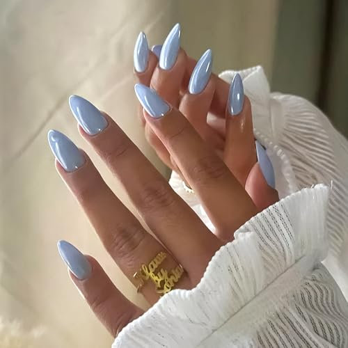 Light Blue Mirror Glaze Press on Nails – 24PCS Short Oval & Almond, Ice-Transparent Glossy Elegant Touch, Full Cover Acrylic Nails for Women