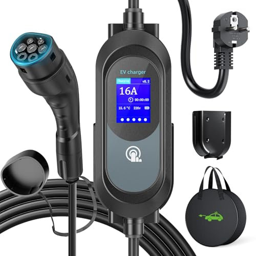EVJUICION Chargeur Voiture Electrique 15 Mètres 3,68KW | 8-16A | 0-12H | IP67 EV Chargeur Type 2 avec Grand écran LED et Support Mural, Portabilité Cable Recharge Voiture Électrique Type 2 avec Sac
